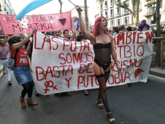 Photo of Sabrina Sanchez waving a flag and leading a demonstration. She is marching while wearing a lingerie set and heels. There are people with posters behind her;