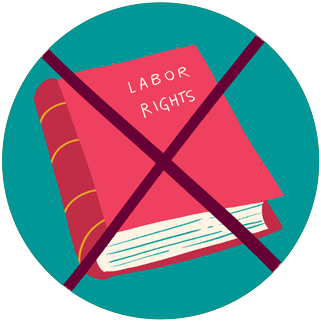 Illustration of a pink book that says “labor rights” and has a red X on it,