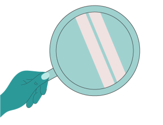 An illustration in teal blue depicting a hand holding a magnifying glass.