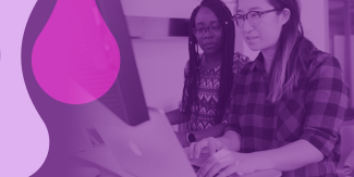 The banner shows a Photo by Christina Morillo where two people are working together, sitting at a desk in front of laptop computers and a monitor. There is a purple overlay with AWID color and branding shapes.