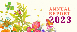 Banner image for AWID's 2023 Annual Report. The cover shows a water color illustration of a colorful garden with people tending to the flowers and leaves